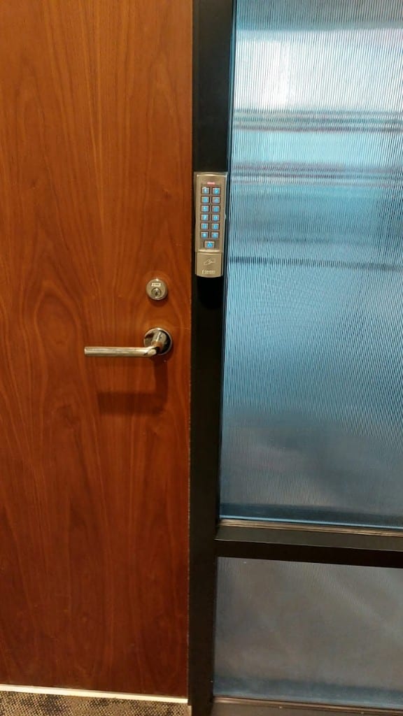 Commercial keypad entry system Camden numeric keypad access control installed on a commercial office door frame by Ultimate Security GTA