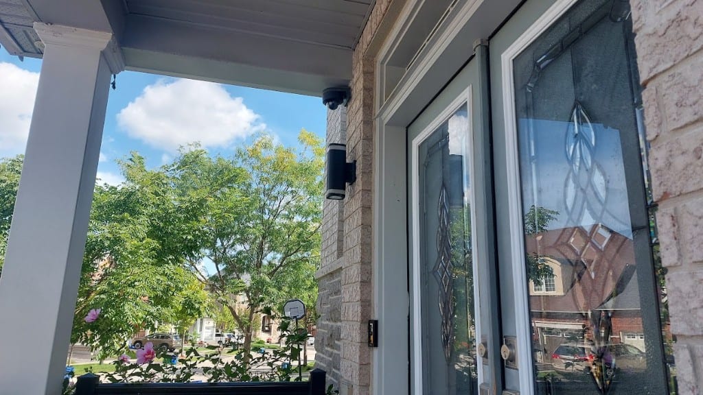Home entry camera and video doorbell Residential front entrance with porch dome security camera and video doorbell installed by Ultimate Security GTA